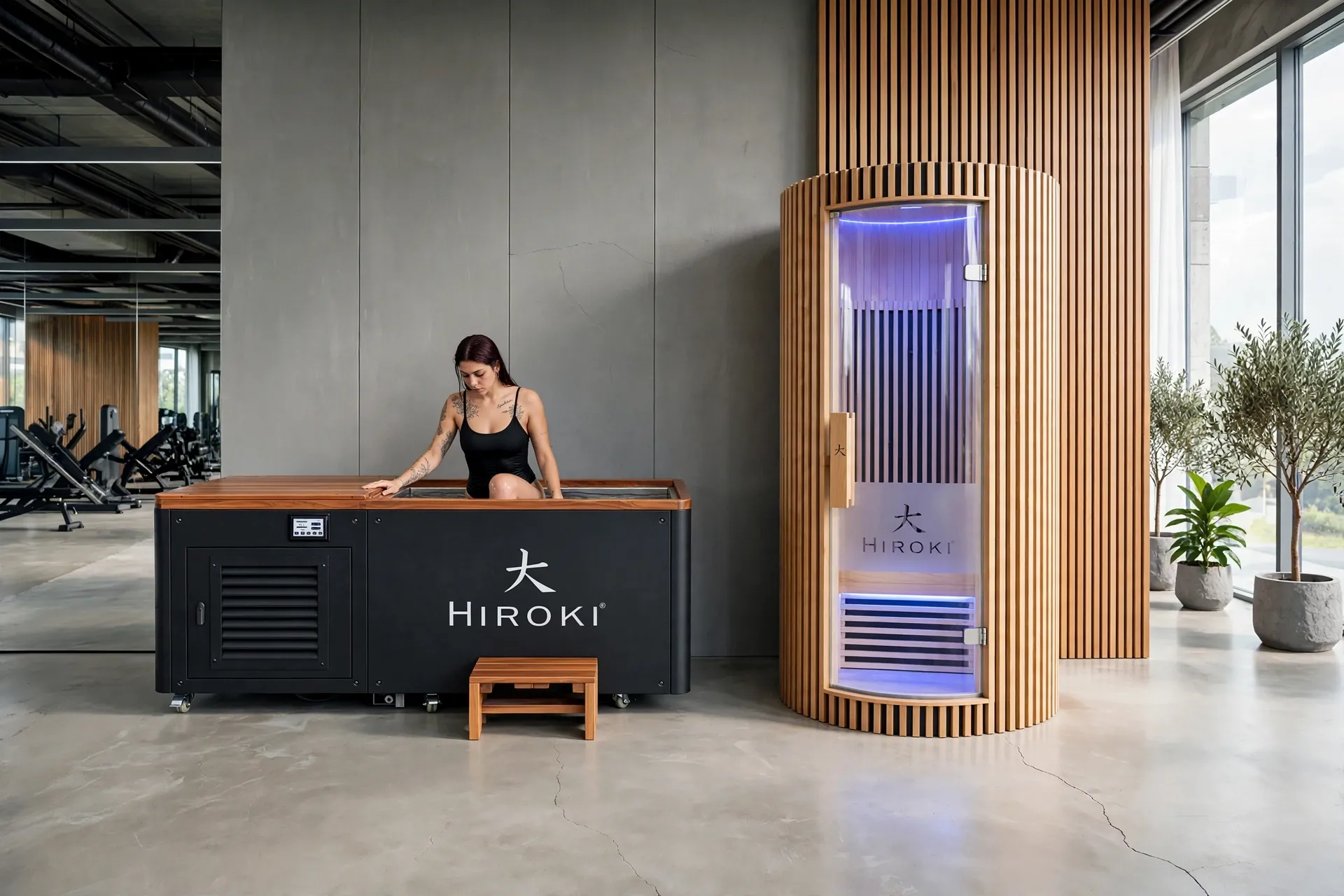 Gimnasio con el ice bath Hiroki Kira y la sauna infrarroja Nomi